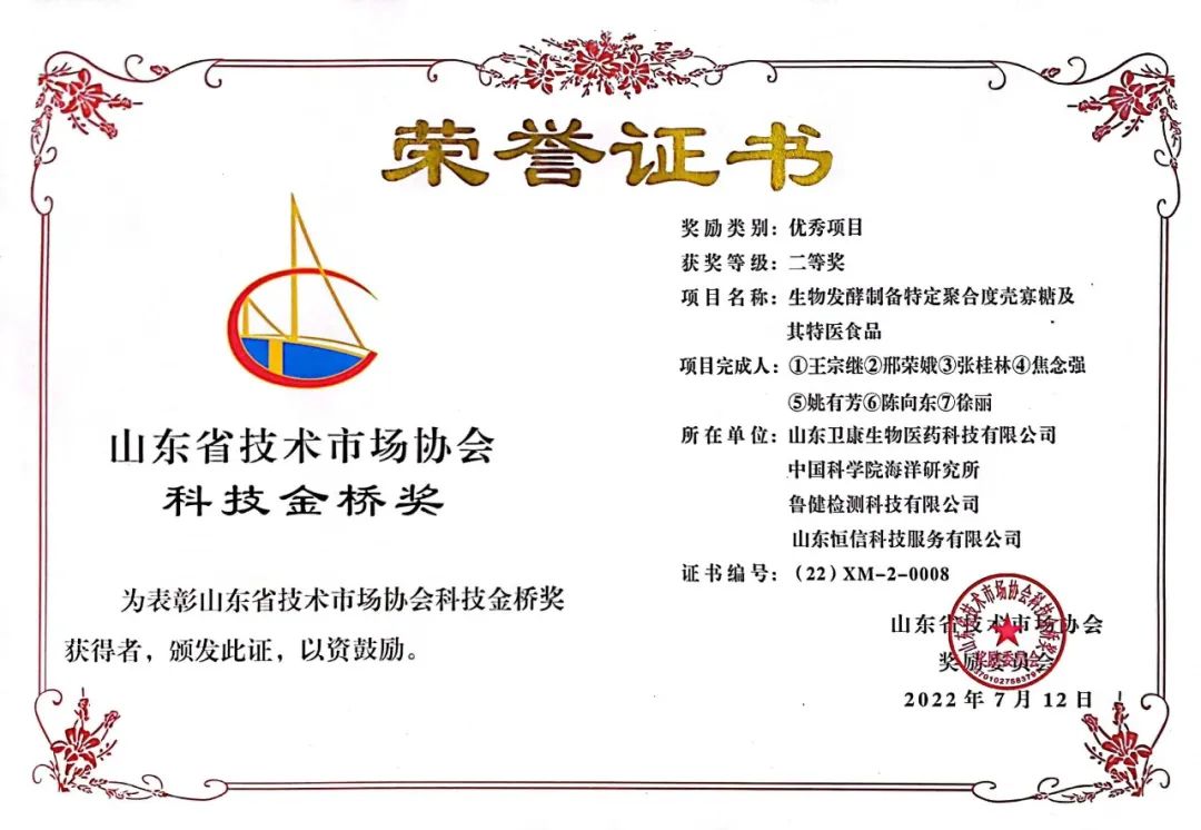 榮獲山東省技術(shù)市場協(xié)會科技金橋獎